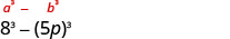 A mathematical expression displaying the difference of cubes formula a³ - b³ above its application to 8³ - (5p)³.